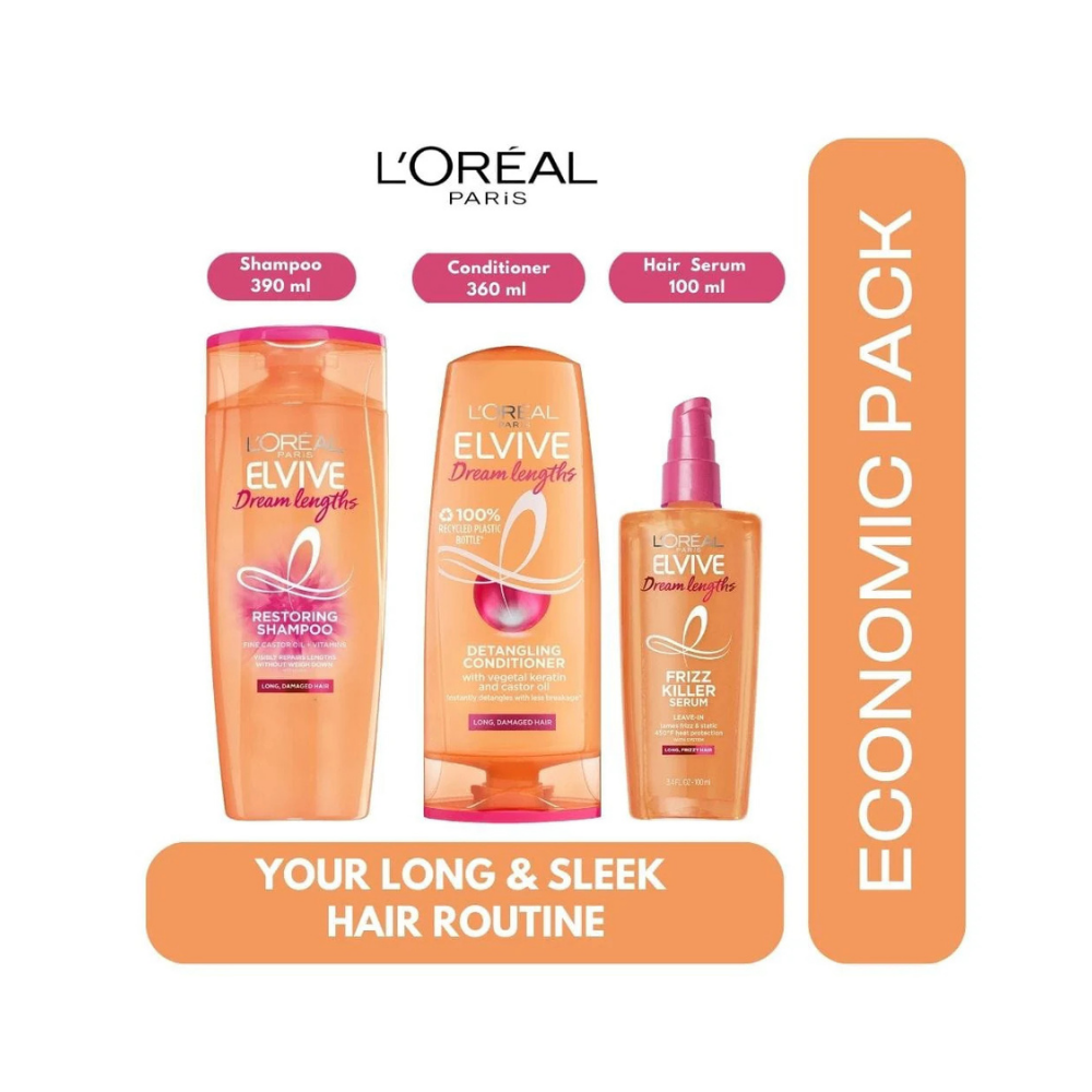 Loreal Paris Elseve (Elvive) Dream Long 3 Economic Pack Shampoo,Conditioner and Lamination Hair Serum Set