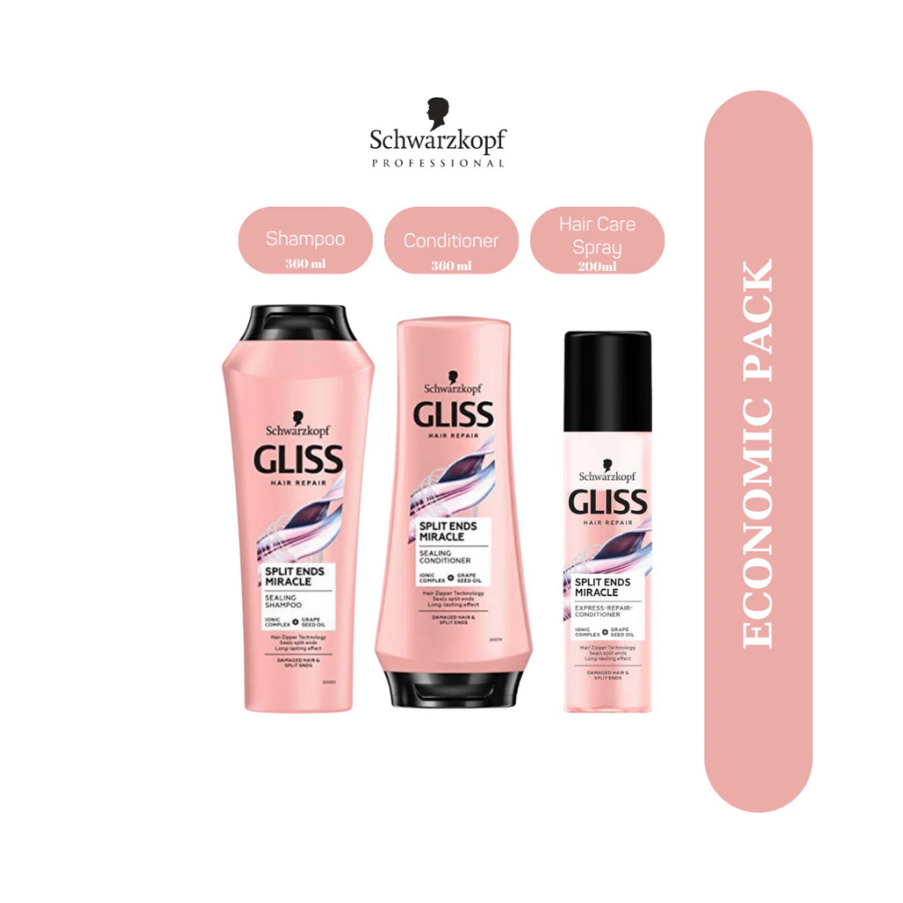 Schwarzkopf Gliss Split Hair Miracle 3 Economic Pack Shampoo , Conditioner , Hair Care Spray Set