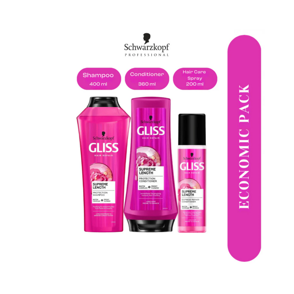 Schwarzkopf Gliss Supreme Lenght 3 Economic Pack Shampoo , Conditioner , Hair Care Spray Set