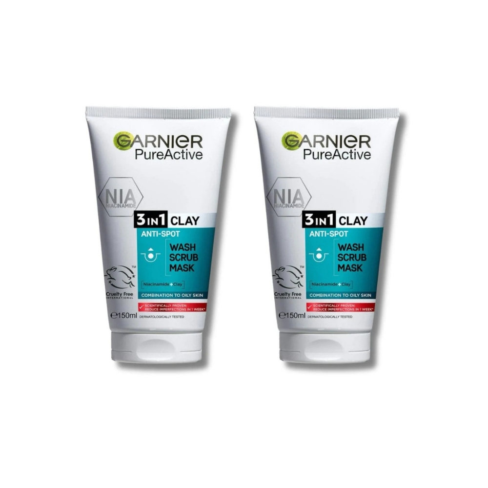 Garnier Skin Active Pure Active 3 in 1 Wash, Scrub & Mask 150 ml 2 Pack