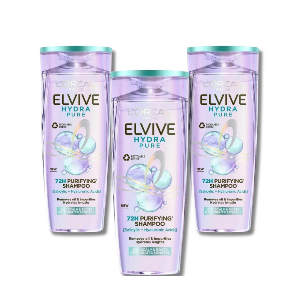 Loreal Elseve Hydra [Hyaluronic] Pure Salicylic Acid Anti-Oil Purifying Shampoo 300 ml 3 Pack - Chivela