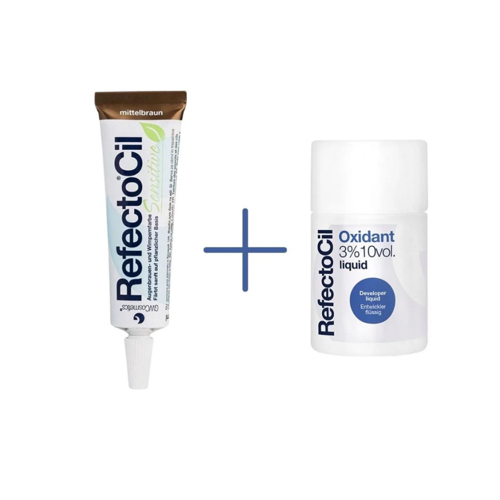 RefectoCil Sensitive Medium Brown Eyebrow and Eyelash Dye Medium Brown 15 ml + RefectoCil 3% 10 vol. Liquid Oxidant 100 ml - Chivela