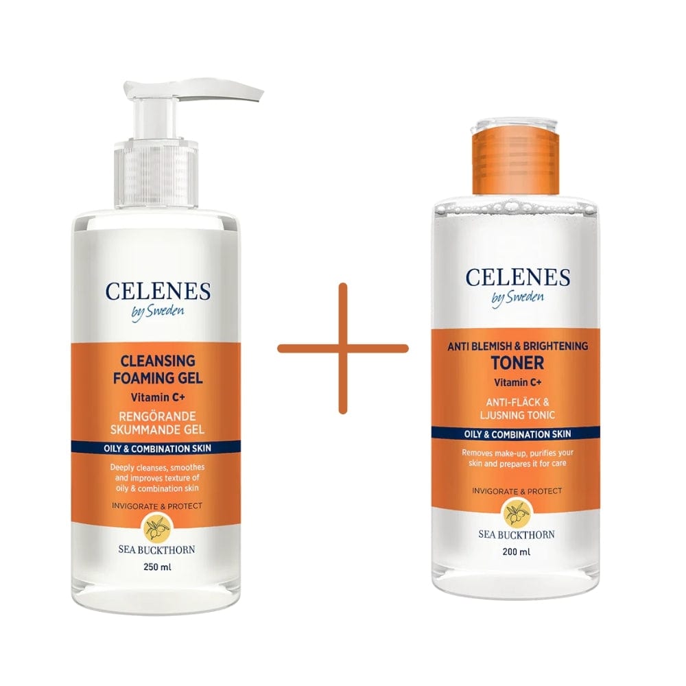 Celenes by Sweden Sea Buckthorn Cleansing Foaming Gel 250 ml / 8.5 fl oz & Anti Blemish & Brightening Toner 200 ml / 6.8 fl oz 757279515437