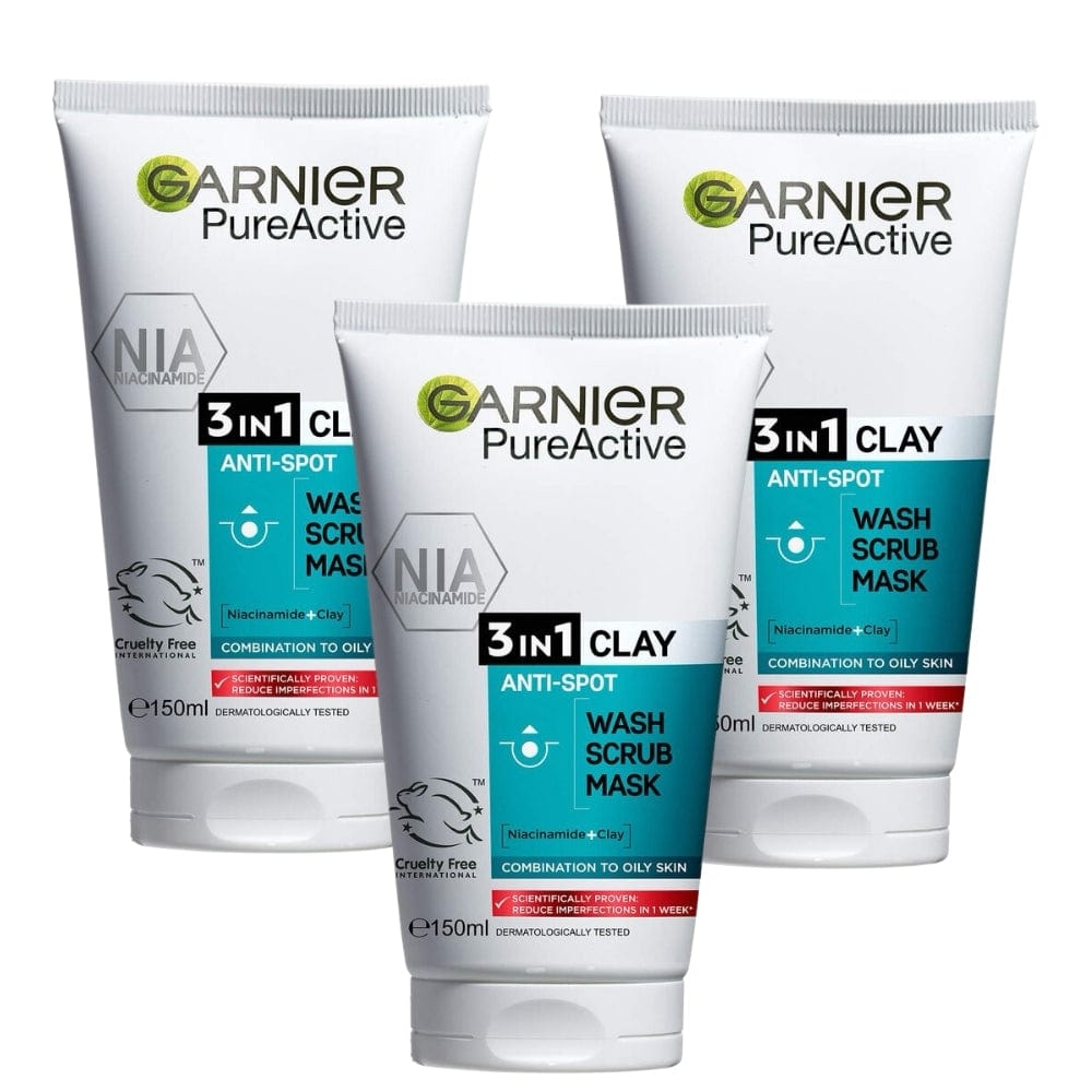 Garnier Skin Active Pure Active 3 in 1 Wash, Scrub & Mask 150 ml 3 Pack 757279508491