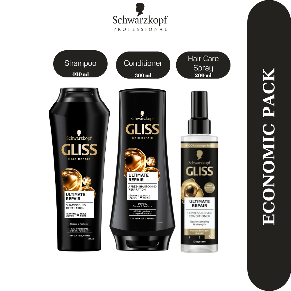 Shwarzkopf Gliss Ultimate Repair 3 Economic Pack Shampoo , Conditioner , Hair Care Spray Set 757279513532